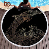 Microfiber Round Beach Towel for Adults – Large 150cm Dolphin Boho Printed Tapestry with Tassels - NOVA TRENZ