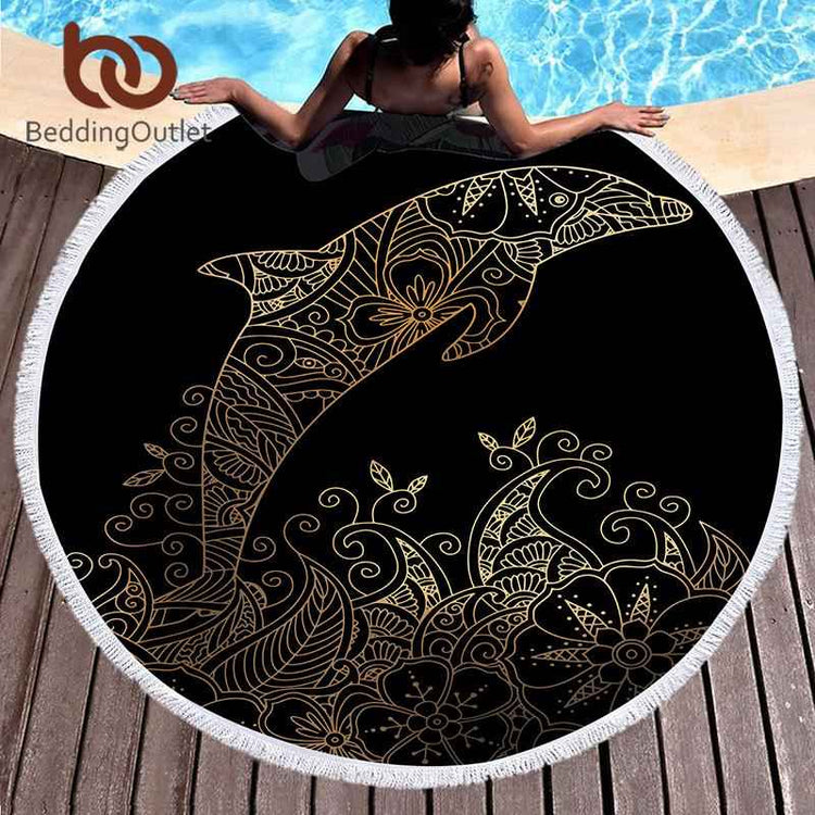Microfiber Round Beach Towel for Adults – Large 150cm Dolphin Boho Printed Tapestry with Tassels - NOVA TRENZ