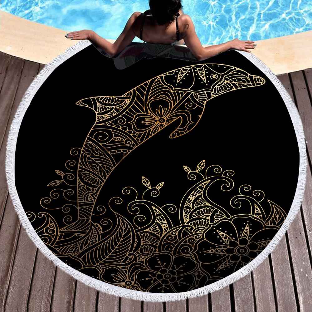 Microfiber Round Beach Towel for Adults – Large 150cm Dolphin Boho Printed Tapestry with Tassels - NOVA TRENZ