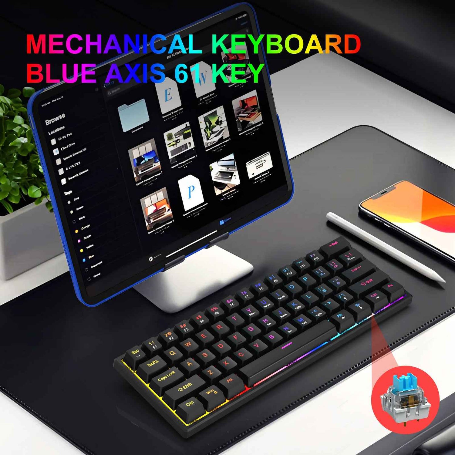 Plug-In Mechanical Keyboard 61 Keys with Blue Shaft – Mini Portable Wired Detachable Keyboard for Esports